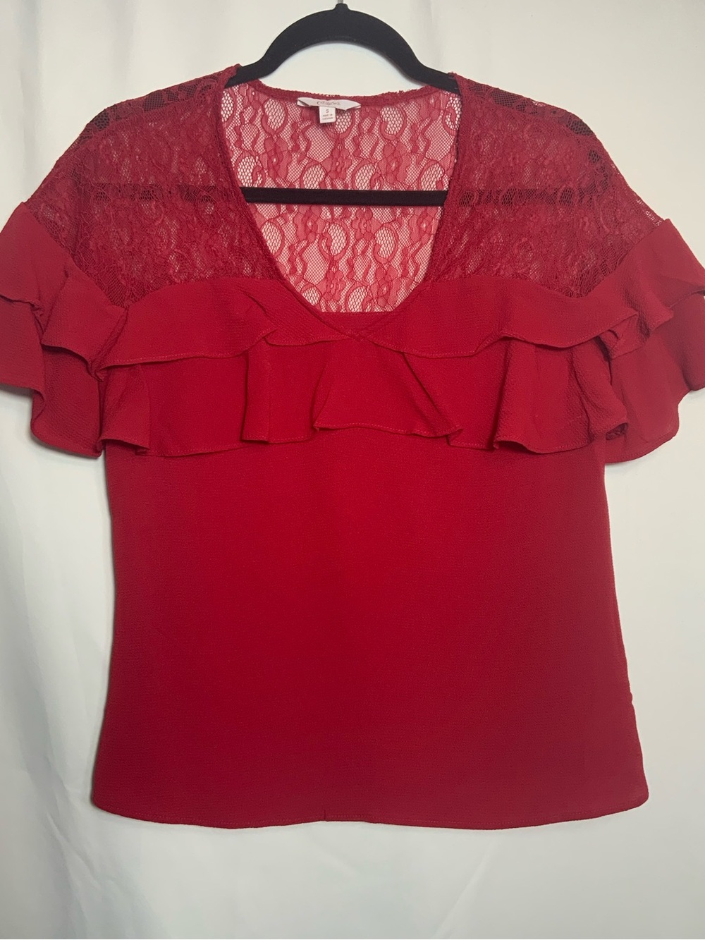 Candie's Red Lace Yoke Ruffle Short Sleeve Top